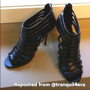 Michael Antonio Black Leather Open Toe Heels Strappy Zip-Up Ankle Stilettos SZ8